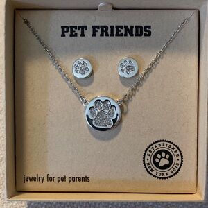 Pet Friends Silver Paw Necklace and Earrings Set